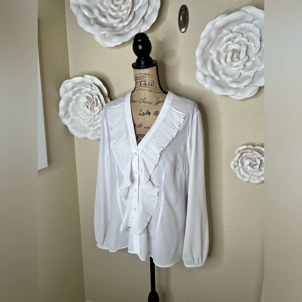 Boston Proper White Sheer Button Down Ruffle Feont Blouse with Darts Sz 16 - Picture 3 of 15